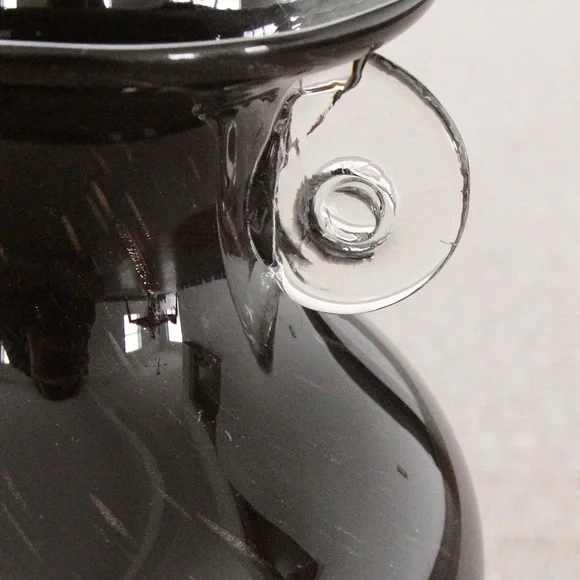 Vintage Black Aventurine Art Glass Vase Copper Dust Fleck Scroll Handle